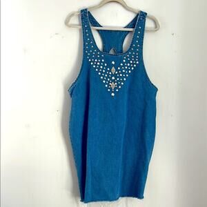 Vintage Mirage Artwear metal pearl stud denim jean raw hem jumper dress sz XL